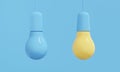 Two electric lamps, on and off, blue and yellow against a blue wall. 3d rendering.