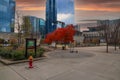 Two electric scooters park on the street near gorgeous red autumn colored trees and a view of the skyscrapers and office buildings Royalty Free Stock Photo