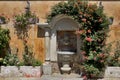 Two electricians on historic lanternIdyllic historical fountain with rose bush