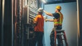 Two Electricians Working on Electrical Panel in a Building Royalty Free Stock Photo