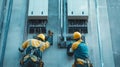 Two Electricians Working on Electrical Panels on a Building Wall Royalty Free Stock Photo