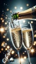 Two elegant champagne flutes. Glowing brightly bokeh lights backdrop