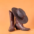 Two elegant classic boots and a leather cowboy stetson hat