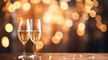 Two elegant glasses of champagne or sparkling wine Prosecco on a dark background with golden bokeh. Holiday concept Royalty Free Stock Photo