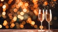 Two elegant glasses of champagne or sparkling wine Prosecco on a dark background with golden bokeh. Holiday concept Royalty Free Stock Photo