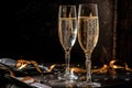 Two elegant glasses of champagne or sparkling wine Prosecco on a dark background with golden bokeh. Holiday concept Royalty Free Stock Photo