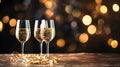 Two elegant glasses of champagne or sparkling wine Prosecco on a dark background with golden bokeh. Holiday concept Royalty Free Stock Photo