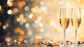 Two elegant glasses of champagne or sparkling wine Prosecco on festive sparkling background with lights and golden bokeh Royalty Free Stock Photo