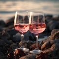 Two elegant glasses of cold rose wine with ice on sandy beach on a sunny day, close up. Holiday concept. Hot summer time at the Royalty Free Stock Photo