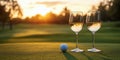 Glasses of white wine and golf balls at sunset on a lush green golf course Royalty Free Stock Photo