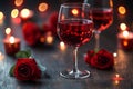Two elegant glasses of red wine sit on a rustic table, accompanied by a vibrant rose, creating a romantic and inviting Royalty Free Stock Photo