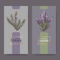 Two elegant labels with lavender and rosemary color bouquets.