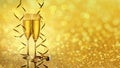 Two elegant perfect glasses filled with carbonated drink or sparkling champagne with golden serpentines on golden shiny background Royalty Free Stock Photo
