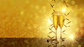 Two elegant perfect glasses filled with carbonated drink or sparkling champagne with golden serpentines on golden shiny background Royalty Free Stock Photo