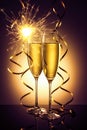 Two elegant perfect glasses filled with carbonated drink or sparkling champagne with golden serpentines and sparklers of sparkler Royalty Free Stock Photo