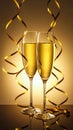 Two elegant perfect glasses filled with fizzy drink or sparkling champagne with golden streamers of serpentine on golden backgroun Royalty Free Stock Photo