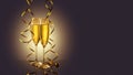 Two elegant perfect glasses filled with sparkling champagne with golden serpentines Royalty Free Stock Photo