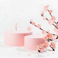 Two elegant spring cylinder podiums mockup with branch of pink sakura flowers in white interior on table in japanese style.