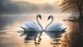 Two elegant swans in love gracefully glide across a serene lake in the forest. Royalty Free Stock Photo