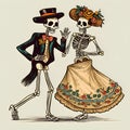 Two elegantly dressed dancing skeletons male in suit, female in dress. For the day of the dead and halloween, bright isolated Royalty Free Stock Photo