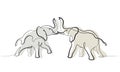 Two Elephants fighting. One line art drawing Royalty Free Stock Photo