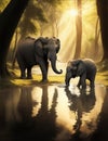 Two elephants in a forest at sunrise, generated by Ai.