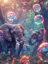 Two elephants interact playfully in a magical forest, surrounded by colorful floating bubbles under a mesmerizing sunset