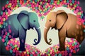 Two elephants pair on a background of hearts. A symbol of love and relationships for Valentine\'s Day illustration