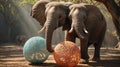 Two African Elephants Playfully Interact with Large Ornate Balls in a Sunny Clearing Royalty Free Stock Photo