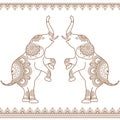 Two elephants standing up with seamless brown henna line lace borders in ethnic mehndi Indian henna style.