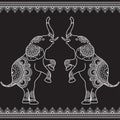 Two elephants standing up with seamless line lace borders in ethnic mehndi Indian henna style.