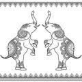 Two elephants standing up with seamless line lace borders in ethnic mehndi Indian henna style.