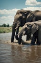 African Elephants Cooling Off in a River on a Sunny Day Royalty Free Stock Photo