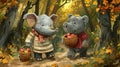 Two elephants are walking through a forest with apples in baskets, AI Royalty Free Stock Photo