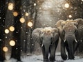 Two elephants walking through a snowy forest