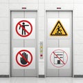 Two elevator doors with prohibition signs including no entry and no scooters in a tiled area Royalty Free Stock Photo