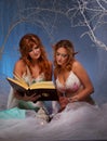 Two elf women reading a book Royalty Free Stock Photo