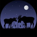 Two elks silhouettes in moonlight