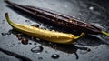 Fresh Green and Brown Vanilla Beans with Water Drops on Dark Background Royalty Free Stock Photo
