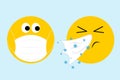 Two Emoji one sneezing in to tissue with virus and one with face mask looking worried, coronavirus covid19