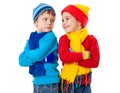 Two emotional kids in winter clothes Royalty Free Stock Photo