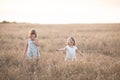 Two emotional sisters girls dance at sunset