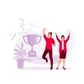 Two employees are happy because they won the competition, with a big trophy beside them. Celebrate victory with confetti.
