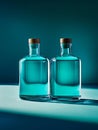 Two empty blue bottles sitting on top of a table Royalty Free Stock Photo