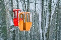 Two empty cableway cabines on a winter forest backdrop. Travel background.