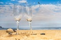 Two empty cocktail glasses on the beach with seagulls flying Royalty Free Stock Photo