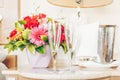 Two empty glasses for champagne in the upscale hotel room. Dating, romance, honeymoon, valentine, getaway concepts Royalty Free Stock Photo