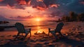 Two empty lounge chairs in front of a bonfire at a beach during tropical sunset