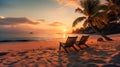 Two empty lounge chairs side by side at sandy beach