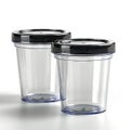 Two Empty Medical specimen containers for urine analysis. Clear cups with secure black caps. Concept of laboratory Royalty Free Stock Photo